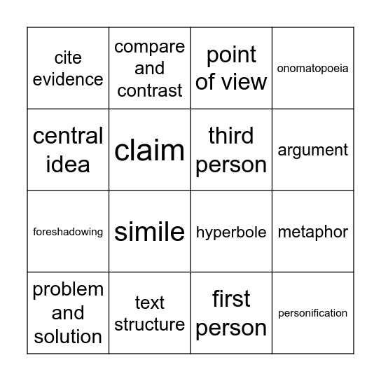 Literacy Bingo Card