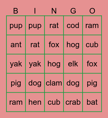 Animal BINGO Card