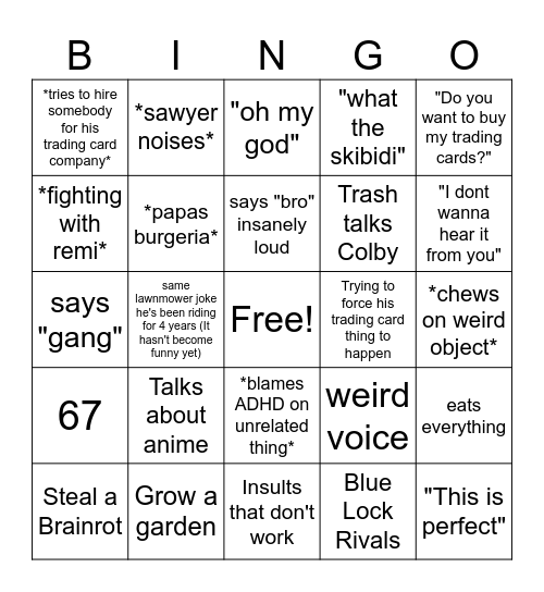 Sawyer bingo Card
