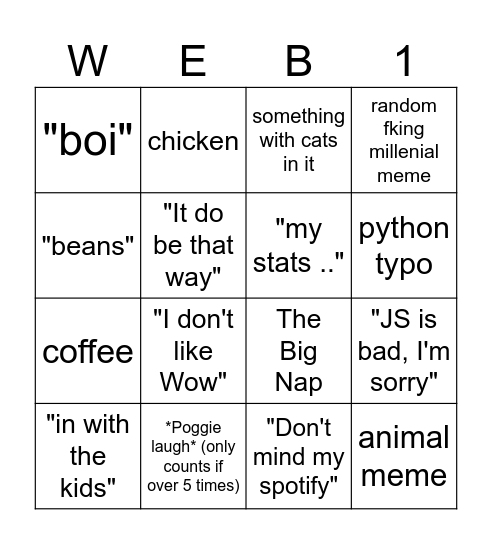 Web 1 Bingo Card