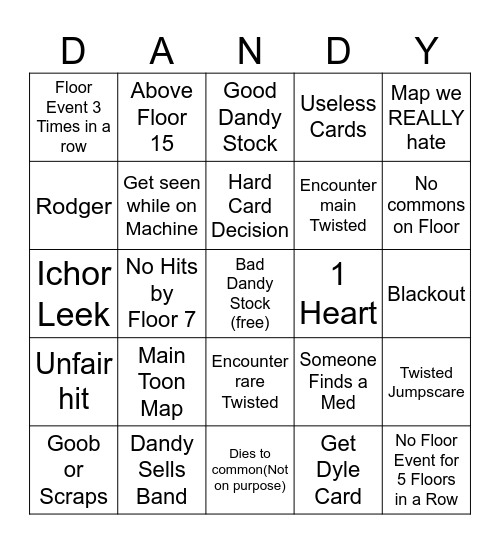 Dandy's World Bingo Board Bingo Card