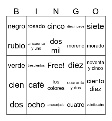 colores and numeros Bingo Card