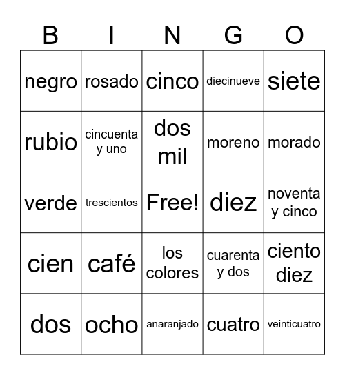 colores and numeros Bingo Card