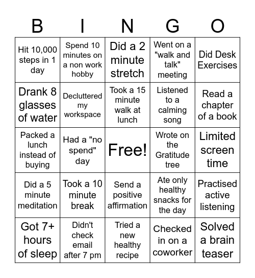 Wellness BINGO Card