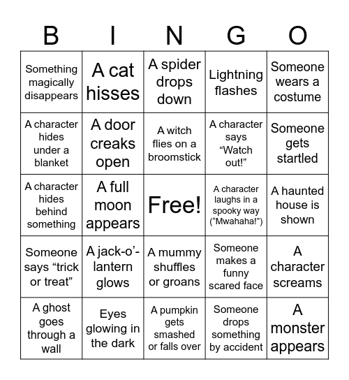 Spooky Halloween Movie Bingo-Kid Version Bingo Card