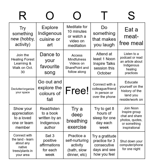2025 October Wellness Month BINGO Card