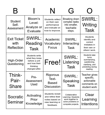 Instructional Strategies Bingo Card