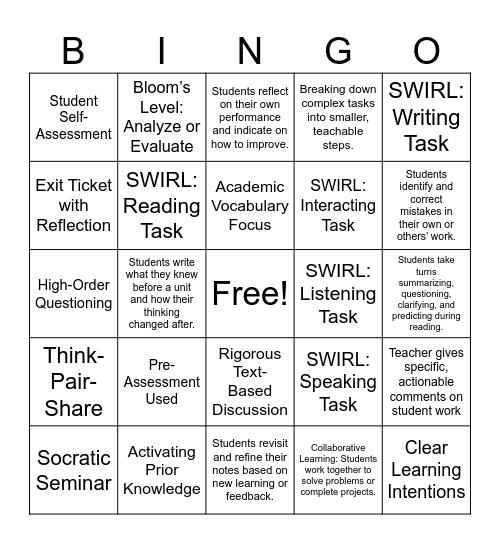 Instructional Strategies Bingo Card