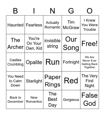 MESSY Craft Taylor Swift Bingo Card