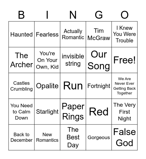 MESSY Craft Taylor Swift Bingo Card
