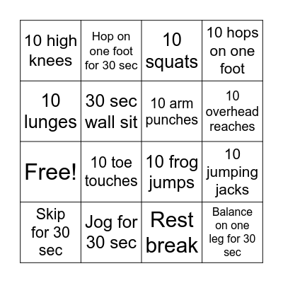 Exercise Bingo Card