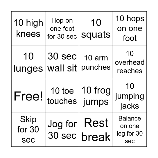 Exercise Bingo Card