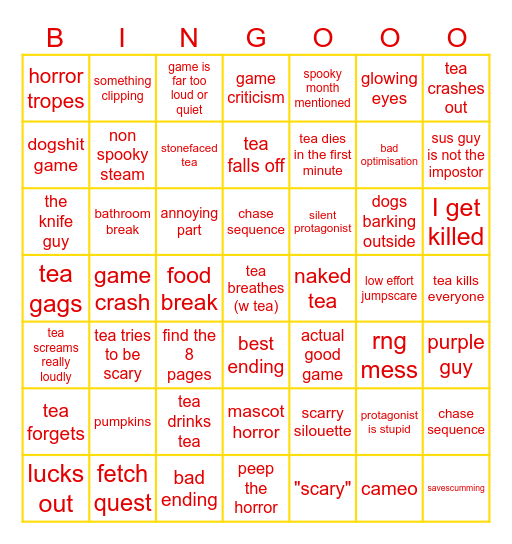 Teathling horror palooza Bingo Card