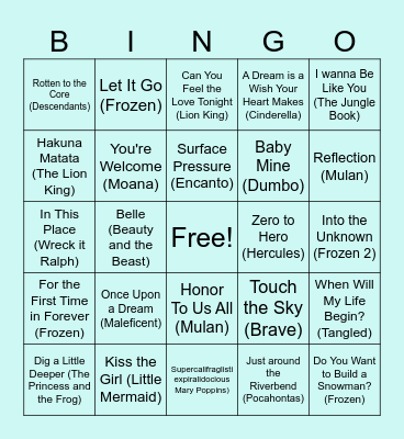 Music BINGO - Disney Edition Bingo Card