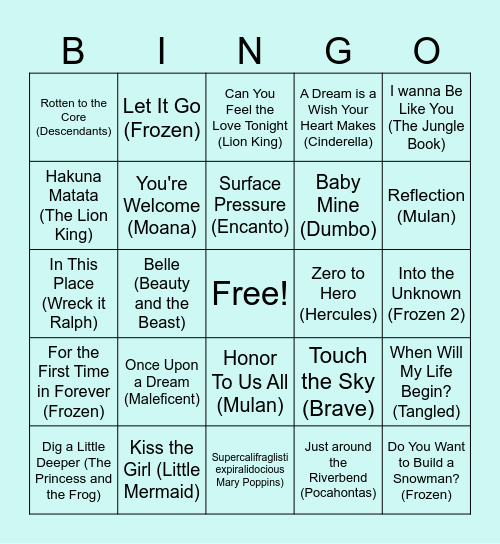 Music BINGO - Disney Edition Bingo Card