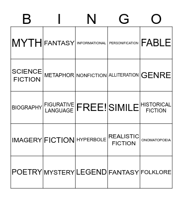 Genres and Imagery Bingo Card