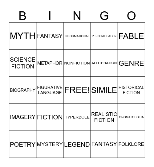 Genres and Imagery Bingo Card