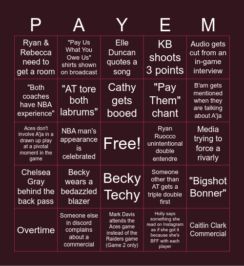 OOYL WNBA "PAY 'EM" BINGO Card