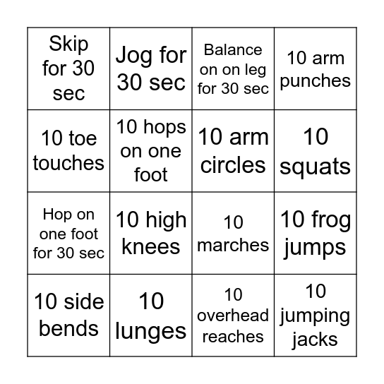 Exercise Bingo Card