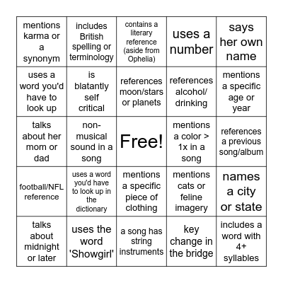 The Life of a Showgirl Album Release Bingo Card
