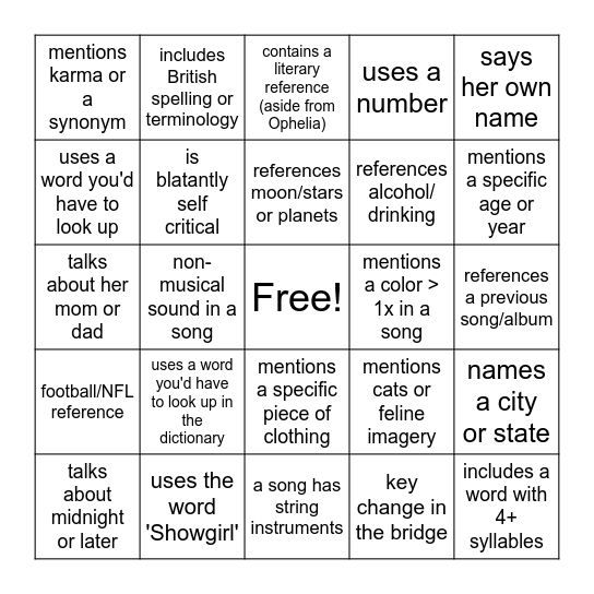The Life of a Showgirl Album Release Bingo Card