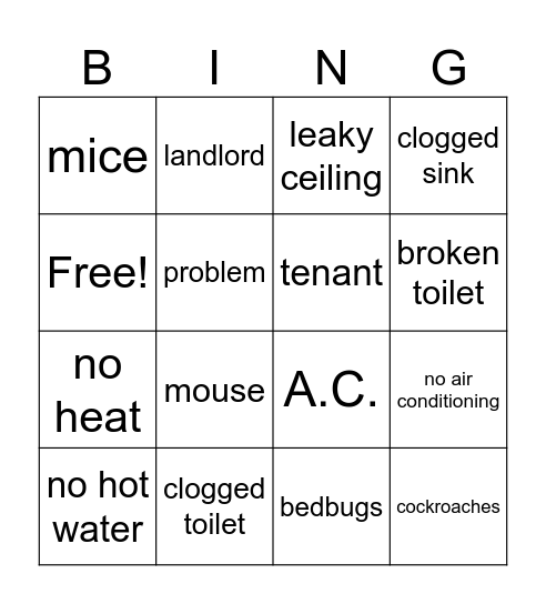 Housing Problems Bingo Card