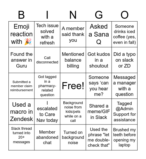 Support Bingo! Bingo Card