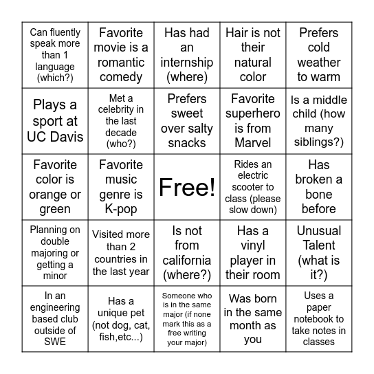 SWE Bingo Card