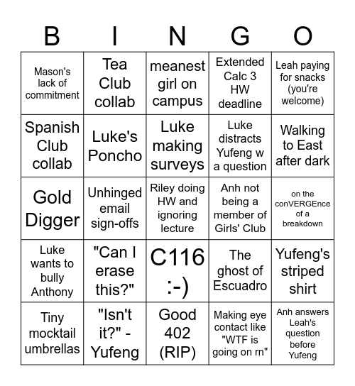 Girls' Club Bingo Card