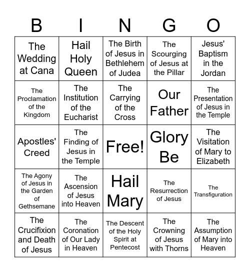 Mysteries of the Rosary Bingo Card
