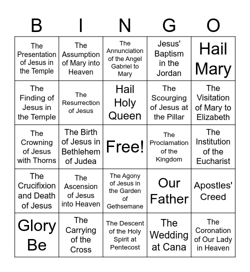 Mysteries of the Rosary Bingo Card