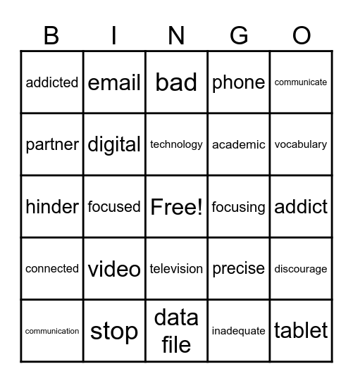 Screen Time Bingo Card