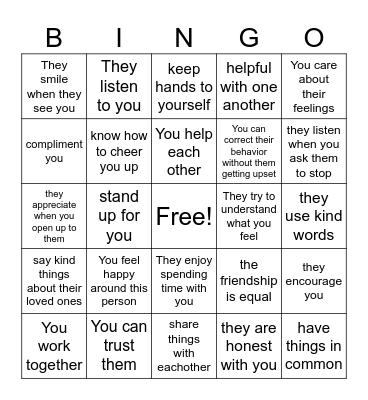 Friendship Bingo Card