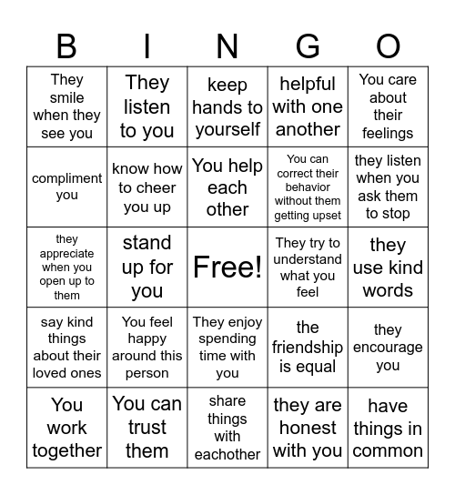 Friendship Bingo Card