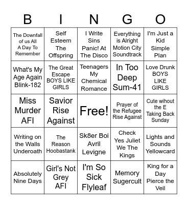 Emo/Pop Punk Bingo Card