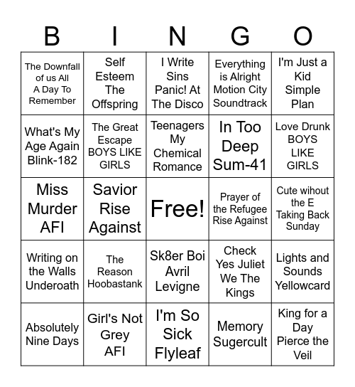 Emo/Pop Punk Bingo Card
