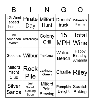 Milford Fall Crawl Bingo Card