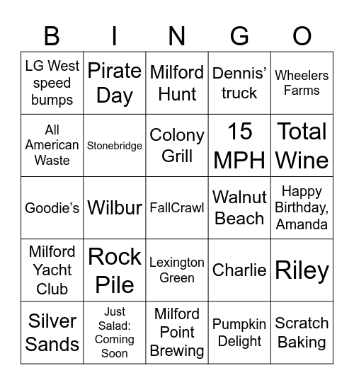 Milford Fall Crawl Bingo Card