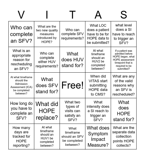 HOPE FOR VITAS Bingo Card