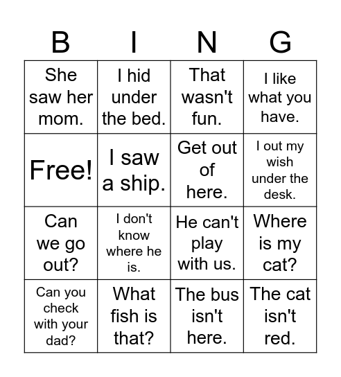 Heart Word Sentences Bingo Card