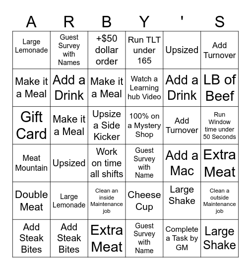 Arby's Bingo Card