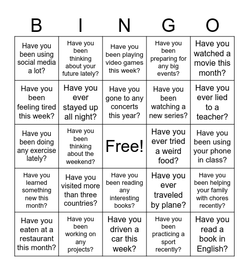 Present Perfect Simple and Continuous Bingo Card