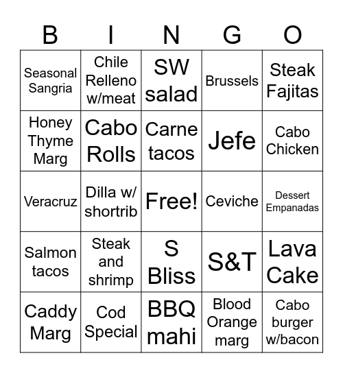 Winner gets cut dinner Bingo Card