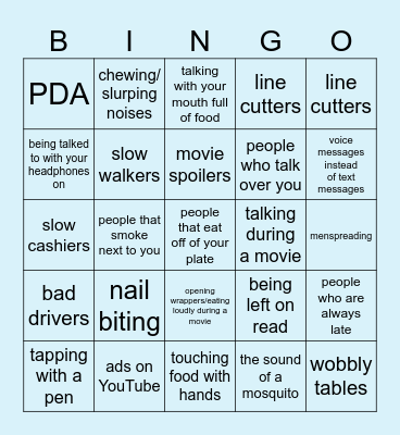 Pet Peeves Bingo Card