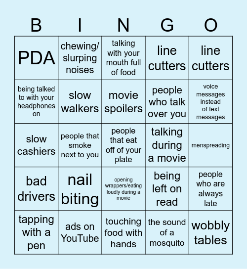 Pet Peeves Bingo Card