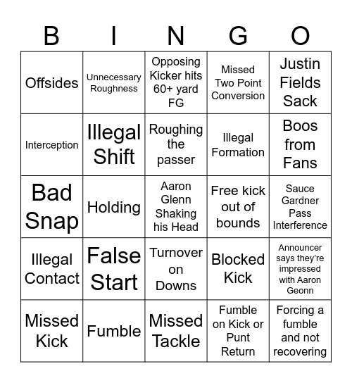Jets Disaster Bingo Card