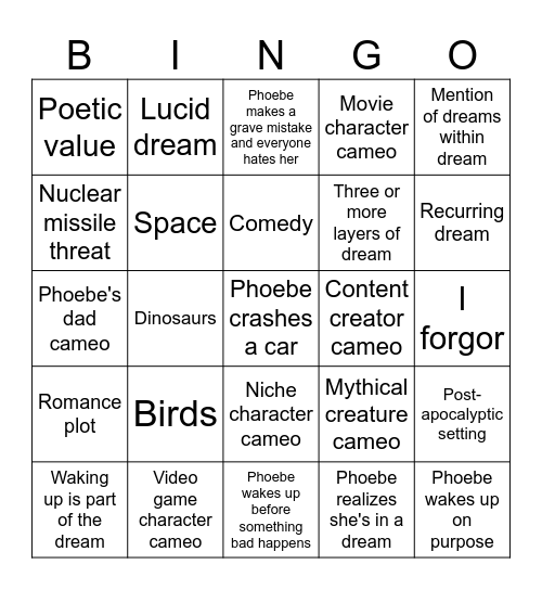 Phoebe's Dreams Bingo Card