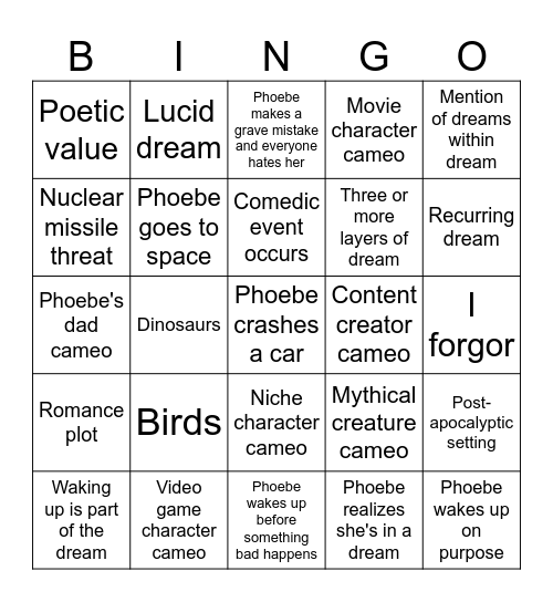 Phoebe's Dreams Bingo Card