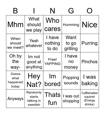 Yapping session Bingo Card