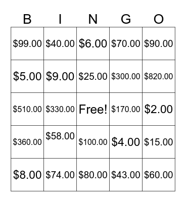 Rounding Money Bingo Card